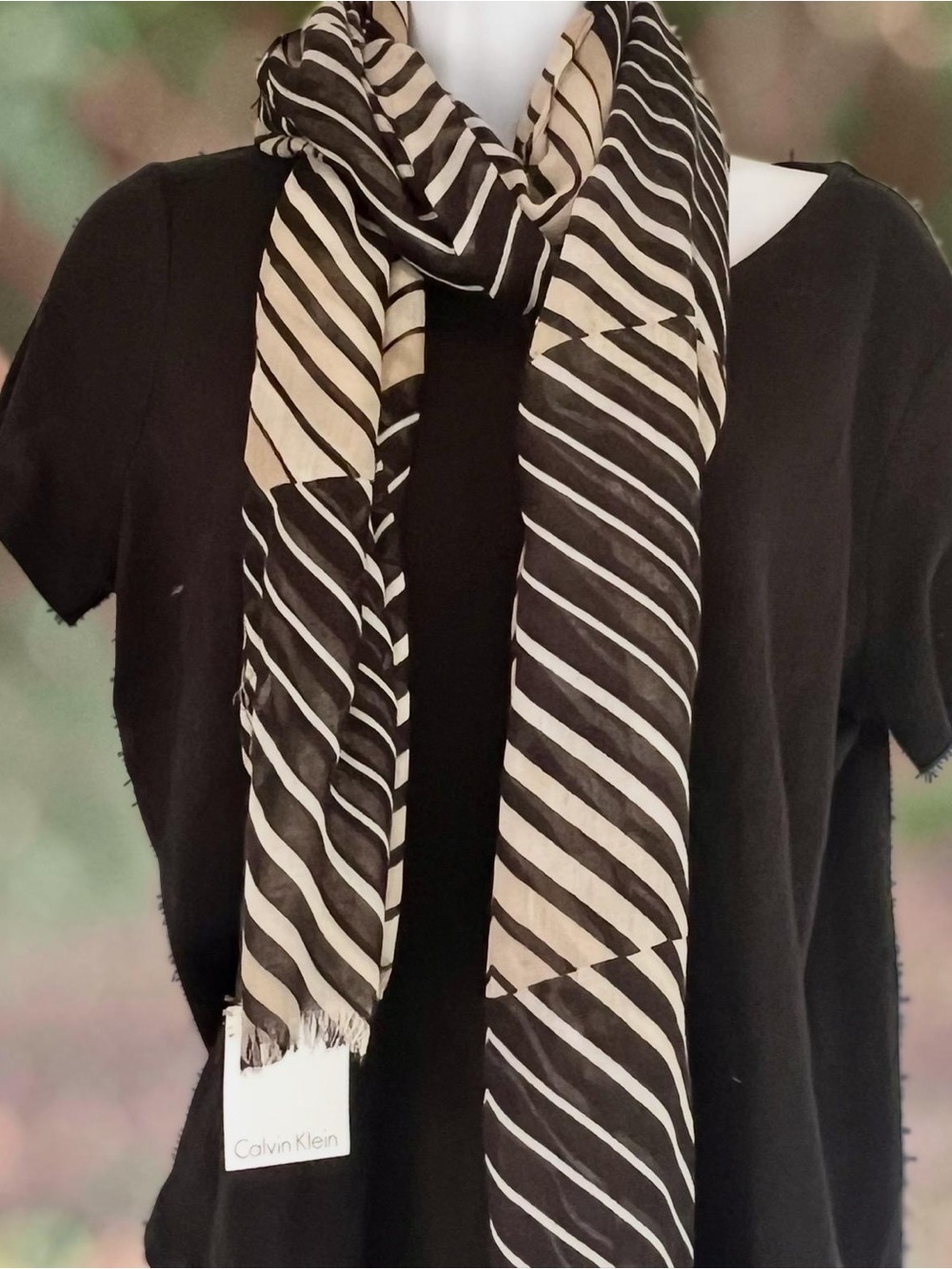 Calvin Klein NWT Black Tan Striped Lightweight Scarf Wrap Shawl